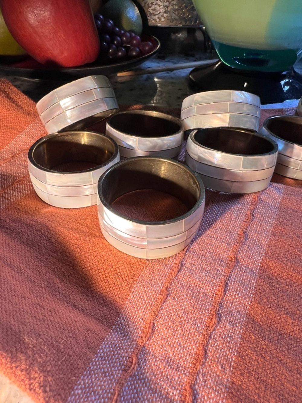 Vintage White Mother-of-Pearl Inlay Napkin Rings - Set of 10